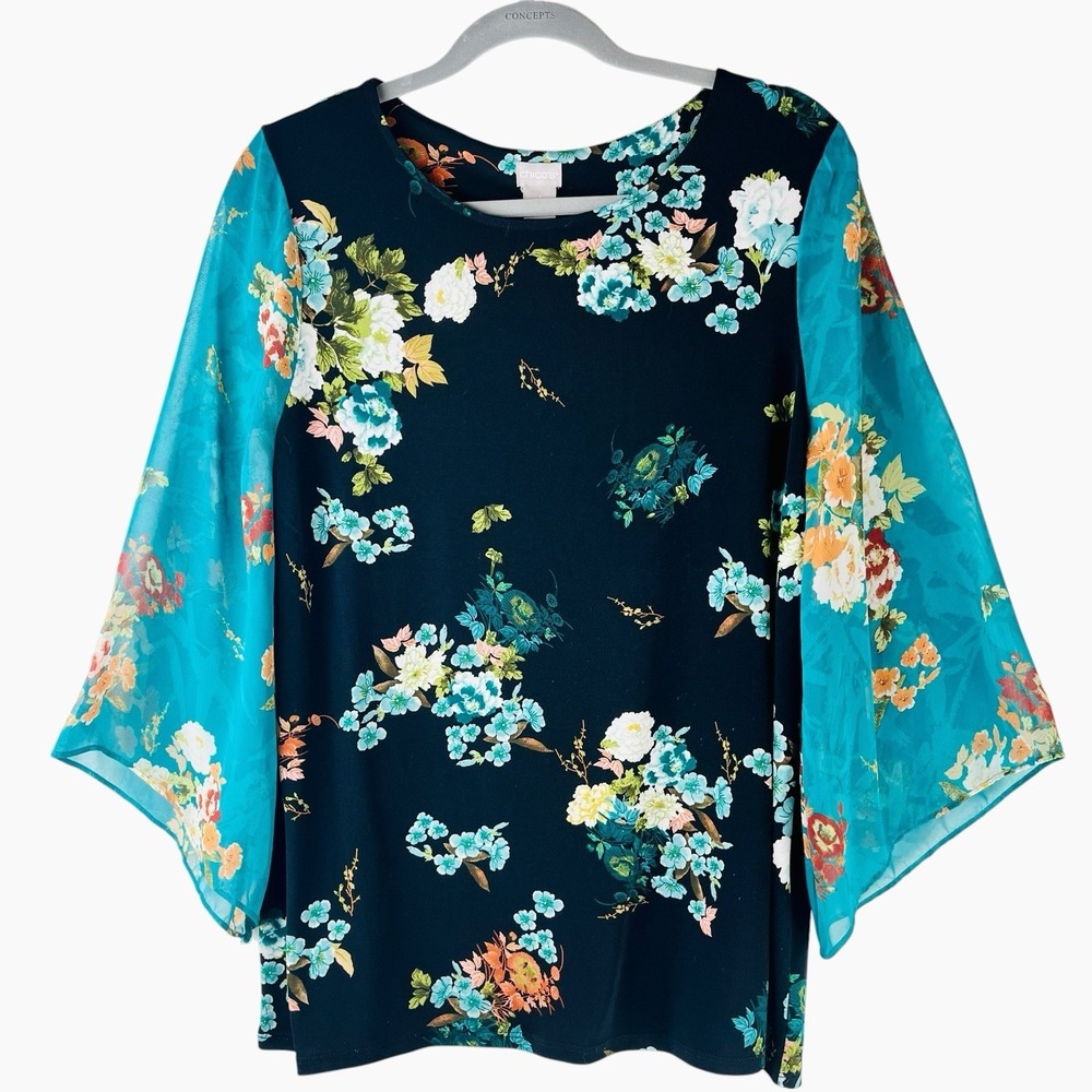 Chicos Top Womens Sz 1 Medium 8 Black Floral Teal Sheer Sleeve Blouse Floral